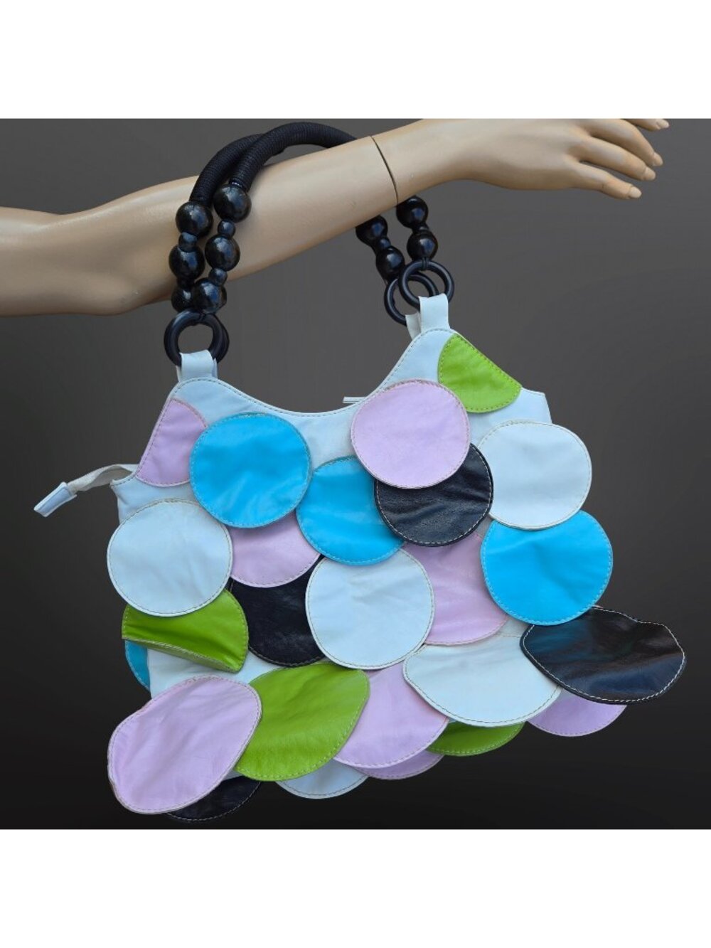 Vintage Y2K Shoulder Bag Multicolor Circles Petals Scalloped Faux Leather Fairy